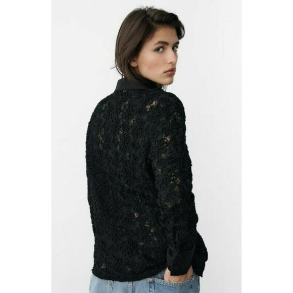 Zara Women’s Black Floral Embroidered Long Sleeve Button Up Lightweight Shirt S - Picture 5 of 11